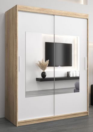 Schuifdeurkast /  kledingkast met spiegel Claveles 03, kleur: Sonoma eiken / mat wit - afmetingen: 200 x 150 x 62 cm ( H x B x D)