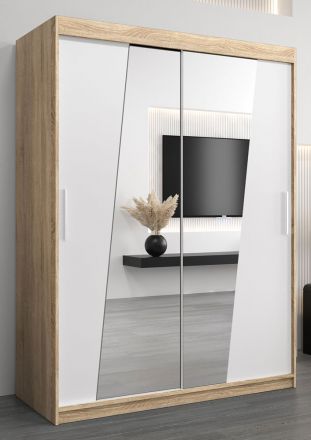 Schuifdeurkast / kledingkast Guajara 03 met spiegel, kleur: Sonoma eiken / mat wit - afmetingen: 200 x 150 x 62 cm (H x B x D)