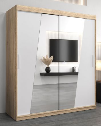 Schuifdeurkast / kledingkast Guajara 04 met spiegel, kleur: Sonoma eiken / mat wit - afmetingen: 200 x 180 x 62 cm (H x B x D)