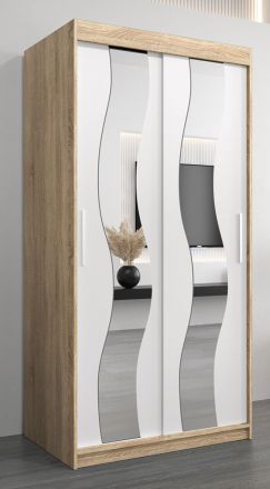 Schuifdeurkast / kleerkast met spiegel Hacho 1, kleur: Sonoma eiken / mat wit - afmetingen: 200 x 100 x 62 cm ( H x B x D)
