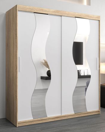 Schuifdeurkast / kleerkast met spiegel Hacho 04, kleur: Sonoma eiken / mat wit - afmetingen: 200 x 180 x 62 cm ( H x B x D)