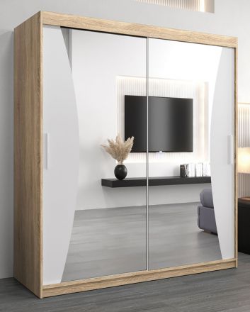 Schuifdeurkast / kledingkast Serbota 04 met spiegel, kleur: sonoma eiken / mat wit - afmetingen: 200 x 180 x 62 cm ( H x B x D )