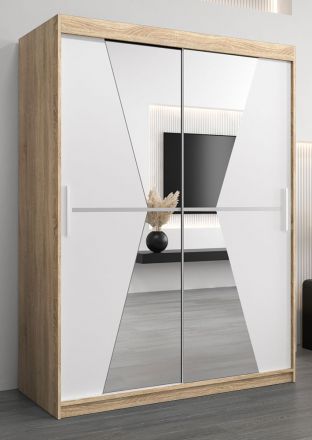 Schuifdeurkast / kledingkast Naranco 03 met spiegel, kleur: Sonoma eiken / mat wit - afmetingen: 200 x 150 x 62 cm ( H x B x D)