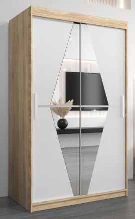 Schuifdeurkast / kledingkast Alphubel 02 met spiegel, kleur: sonoma eiken / mat wit - afmetingen: 200 x 120 x 62 cm ( H x B x D)