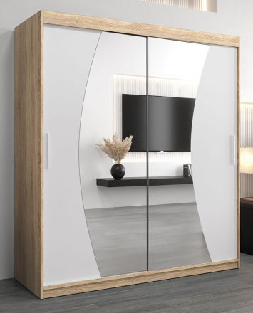 Schuifdeurkast / kleerkast Combin 04 met spiegel, kleur: sonoma eiken / mat wit - afmetingen: 200 x 180 x 62 cm (H x B x D)