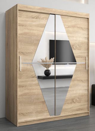 Schuifdeurkast / kledingkast Alphubel 03 met spiegel, kleur: sonoma eiken - afmetingen: 200 x 150 x 62 cm ( H x B x D)