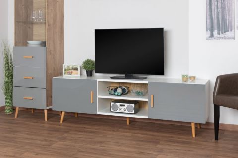 TV-onderkast / dressoir Hohgant 06, kleur: wit/grijs hoogglans - 55 x 180 x 42 cm (H x B x D)