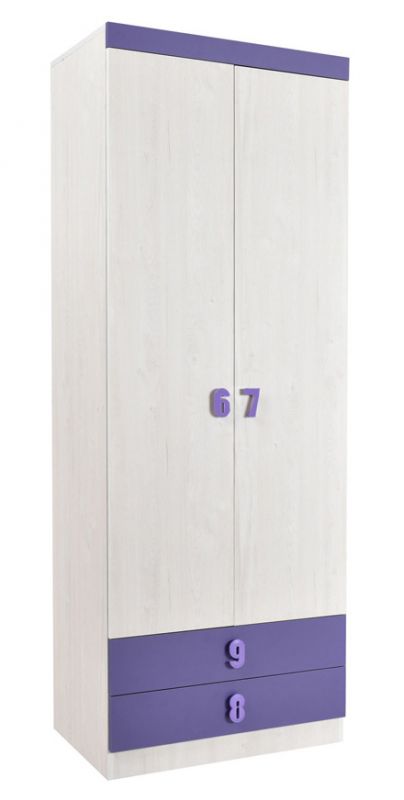 Kinderkamer - draaideurkast / kledingkast Luis 19, kleur: eiken wit / paars - 218 x 80 x 52 cm (H x B x D)
