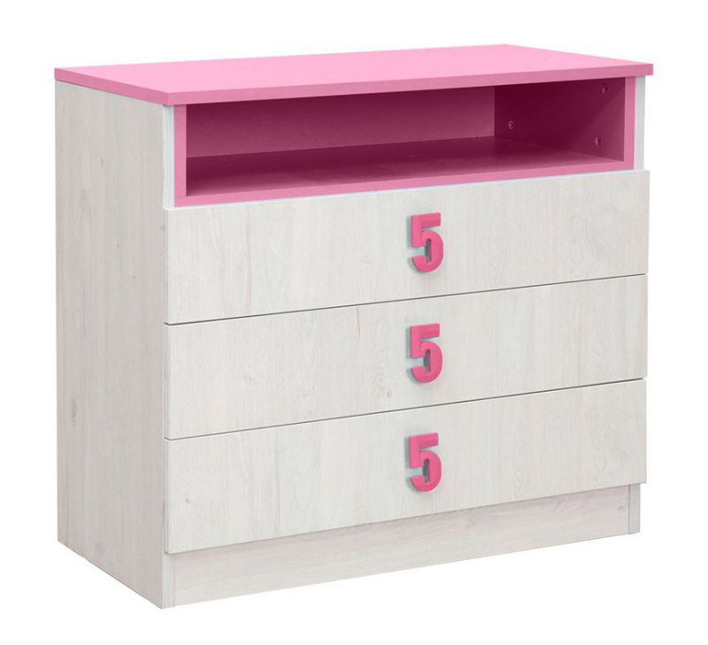 Kinderkamer - ladekast / commode Luis 13, kleur: eiken wit / roze - 75 x 80 x 52 cm (h x b x d)