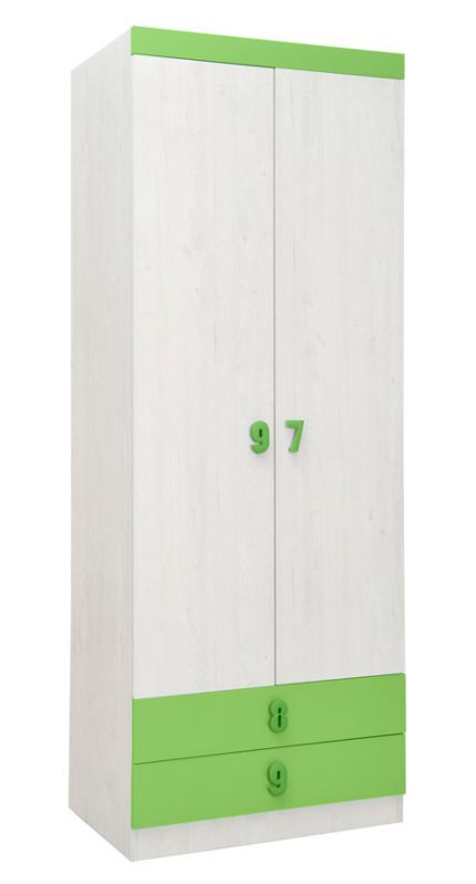 Kinderkamer - draaideurkast / kledingkast Luis 19, kleur: eiken wit / groen - 218 x 80 x 52 cm (H x B x D)
