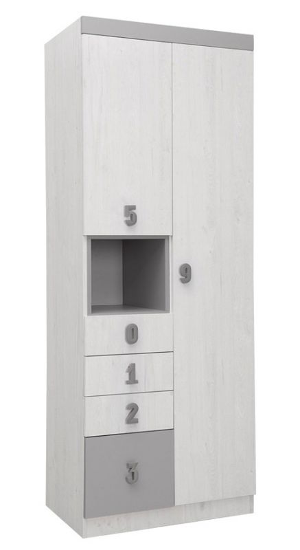 Kinderkamer - draaideurkast / kleerkast Luis 11, kleur: eiken wit / grijs - 218 x 80 x 52 cm (H x B x D)