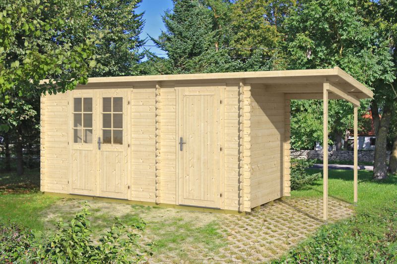 Chalet / tuinhuis Pribitz 03 met uitbouw dak incl. vloer - 28 mm houten huis, grondoppervlakte: 7,7 m², plat dak
