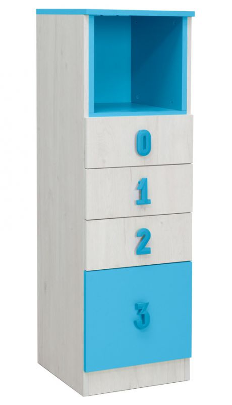 Kinderkamer - ladekast / commode Luis 24, kleur: eiken wit / blauw - 127 x 40 x 42 cm (H x B x D)