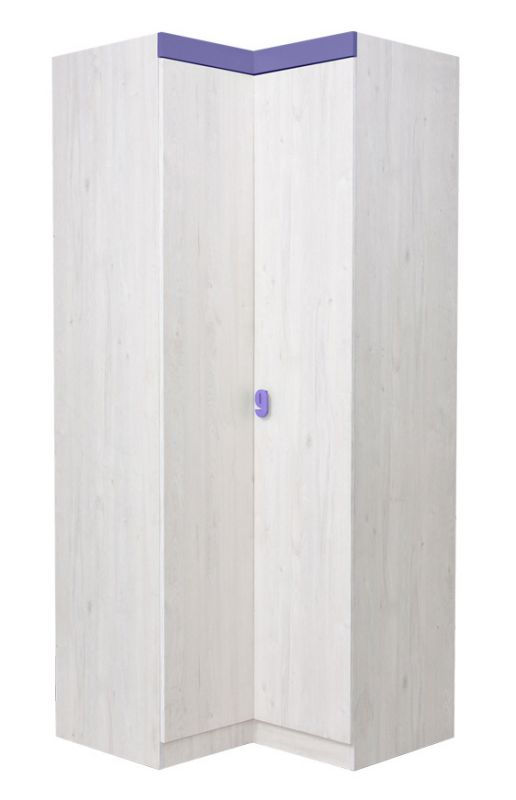 Kinderkamer - kledingkast / hoekkast Luis 22, kleur: eiken wit / paars - 218 x 91/93 x 52 cm (H x B x D)