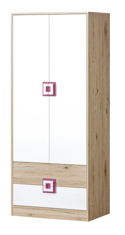 Kinderkamer - draaideurkast / kledingkast Fabian 01, kleur: eiken lichtbruin / wit / roze - 190 x 80 x 50 cm (H x B x D)