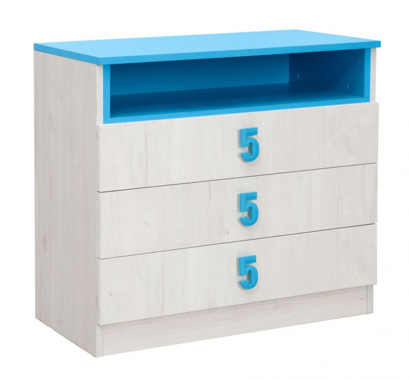 Kinderkamer - ladekast / commode Luis 13, kleur: eiken wit / blauw - 75 x 80 x 52 cm (h x b x d)