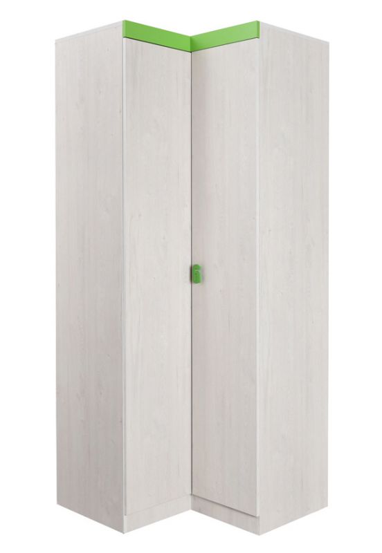 Kinderkamer - kledingkast / hoekkast Luis 22, kleur: eiken wit / groen - 218 x 91/93 x 52 cm (H x B x D)