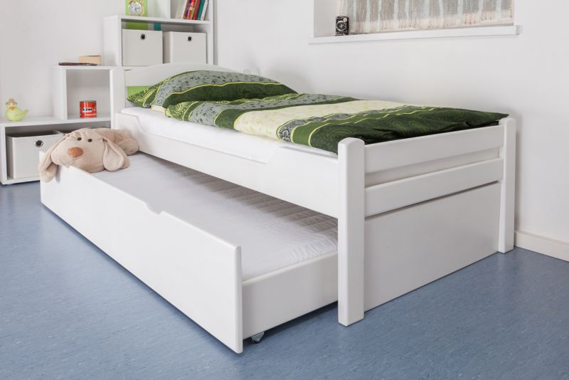 Eenpersoonsbed / logeerbed "Easy Premium Line" K1/2h incl. 2e bed en 2 afdekplaten, 90 x 200 cm massief beukenhout wit gelakt