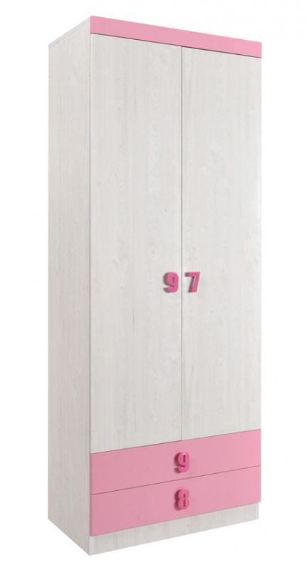 Kinderkamer - draaideurkast / kleerkast Luis 19, kleur: eiken wit / roze - 218 x 80 x 52 cm (H x B x D)