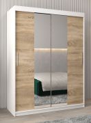 Schuifdeurkast / kledingkast Bisaurin 3B met spiegel, kleur: mat wit / sonoma eiken - Afmetingen: 200 x 150 x 62 cm ( H x B x D)