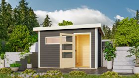 Saunahuis "Linnea 1" SET met kachel BIO 9 kW, moderne deur & raam, kleur: terra grey - 336 x 196 cm (B x D), vloeroppervlak: 6 m².