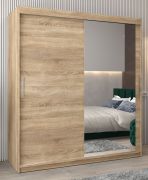 Schuifdeurkast / kledingkast Bisaurin 4C met spiegel, kleur: sonoma eiken - afmetingen: 200 x 180 x 62 cm ( H x B x D)