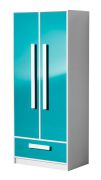 Kinderkamer - draaideurkast / kledingkast Walter 01, kleur: wit / blauw hoogglans - 191 x 80 x 50 cm (H x B x D)