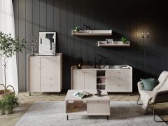 Woonkamerset / 5-delig / Kleur: beige met houtstructuur / Handgrepen en poten: metaal / 1 salontafel / 2 wandplanken / 2 ladekasten / commodes / genoeg opbergruimte