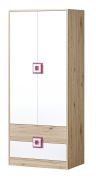 Kinderkamer - Draaideurkast / Kledingkast Fabian 01, kleur: lichtbruin eiken / wit / roze - 190 x 80 x 50 cm (H x B x D)