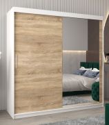 Schuifdeurkast / kledingkast Bisaurin 5C met spiegel, kleur: mat wit / sonoma eiken - Afmetingen: 200 x 200 x 62 cm ( H x B x D)