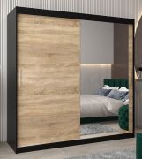 Schuifdeurkast / kledingkast Bisaurin 5C met spiegel, kleur: zwart / eiken Sonoma - Afmetingen: 200 x 200 x 62 cm ( H x B x D)