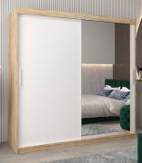 Schuifdeurkast / kledingkast Bisaurin 5C met spiegel, kleur: sonoma eiken / mat wit - afmetingen: 200 x 200 x 62 cm ( H x B x D)