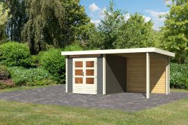 Berging / tuinhuis SET met aanbouwdak en achterwand, 4,45 x 2,44 meter, Noords sparrenhout terra grijs, 5,5 m², sneeuwbelasting 75 kg/m2, dubbele deur, cilinderslot