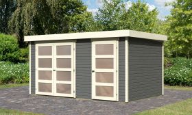 Berging / tuinhuis met platdak & deuren met veel glas, kleur: terra grijs, grondoppervlakte: 10.72 m²