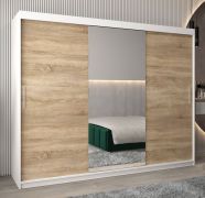 Schuifdeurkast / kledingkast Bisaurin 6B met spiegel, kleur: mat wit / sonoma eiken - Afmetingen: 200 x 250 x 62 cm ( H x B x D)