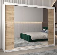 Schuifdeurkast / kledingkast Bisaurin 6C met spiegel, kleur: mat wit / sonoma eiken - Afmetingen: 200 x 250 x 62 cm ( H x B x D)