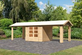 Berging / tuinhuis SET onbehandeld met twee aanbouw zadeldak verlengingen, grondoppervlakte: 5,5m².
