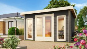 Saunahuis "Anni 2" SET B met kachel 9 kW, kleur: terracotta grijs - 369 x 309 cm (B x D), oppervlakte: 9,3 m².