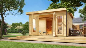 Buiten sauna „Anni 3“ SET A met kachel van 9 kW, kleur: onbehandeld – 369 x 369 cm (B x D), grondoppervlakte: 13,32 m²