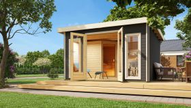 Saunahuis "Anni 3" SET A Kleur: terracotta grijs - 369 x 369 cm (B x D), vloeroppervlak: 13,32 m².