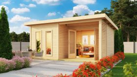 Buiten sauna "Anni 5" SET A met kachel van 9 kW, kleur: onbehandeld - 509 x 369 cm (B x D), grondoppervlakte: 19 m²