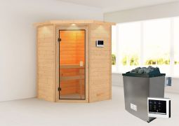 Sauna "Henrik" SET met bronskleurige deur en boven lijst - kleur: onbehandeld, kachel externe stuurapparaat easy 9 kW - 173 x 159 x 191 cm (B x D x H)