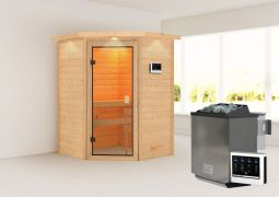 Sauna "Henrik" SET met bronskleurige deur en boven lijst - kleur: onbehandeld, kachel BIO 9 kW - 173 x 159 x 191 cm (B x D x H)