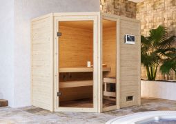 Sauna "Birger" SET met bronskleurige deur - kleur: onbehandeld, kachel externe stuurapparaat easy 9 kW - 196 x 146 x 187 cm (B x D x H)
