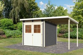 Berging / tuinhuis SET in terra grijs met aanbouwdak, grondoppervlakte: 4.45m²