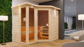 Sauna "Solveig" SET met bronskleurige deur en boven lijst - kleur: onbehandeld, kachel BIO 9 kW - 264 x 198 x 212 cm (B x D x H)