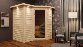 Sauna "Tjara 1" SET met grafietkleurige deur en boven lijst - kleur: onbehandeld, kachel externe regeling easy 9 kW - 221 x 198 x 212 cm (B x D x H)