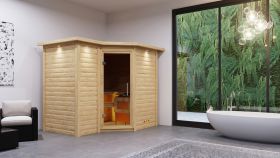 Sauna "Tjara 2" SET met grafietkleurige deur en boven lijst - kleur: onbehandeld, kachel externe regeling easy 9 kW - 264 x 198 x 212 cm (B x D x H)