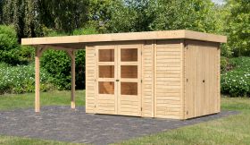 Berging / tuinhuis SET onbehandeld met aanbouw bergruimte/ kast, aanbouwdak 240 cm breed, grondoppervlakte: 6,05m²