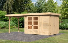 Berging / tuinhuis SET onbehandeld met aanbouw bergruimte/ kast, aanbouwdak 280 cm breed, grondoppervlakte: 6,05 m²